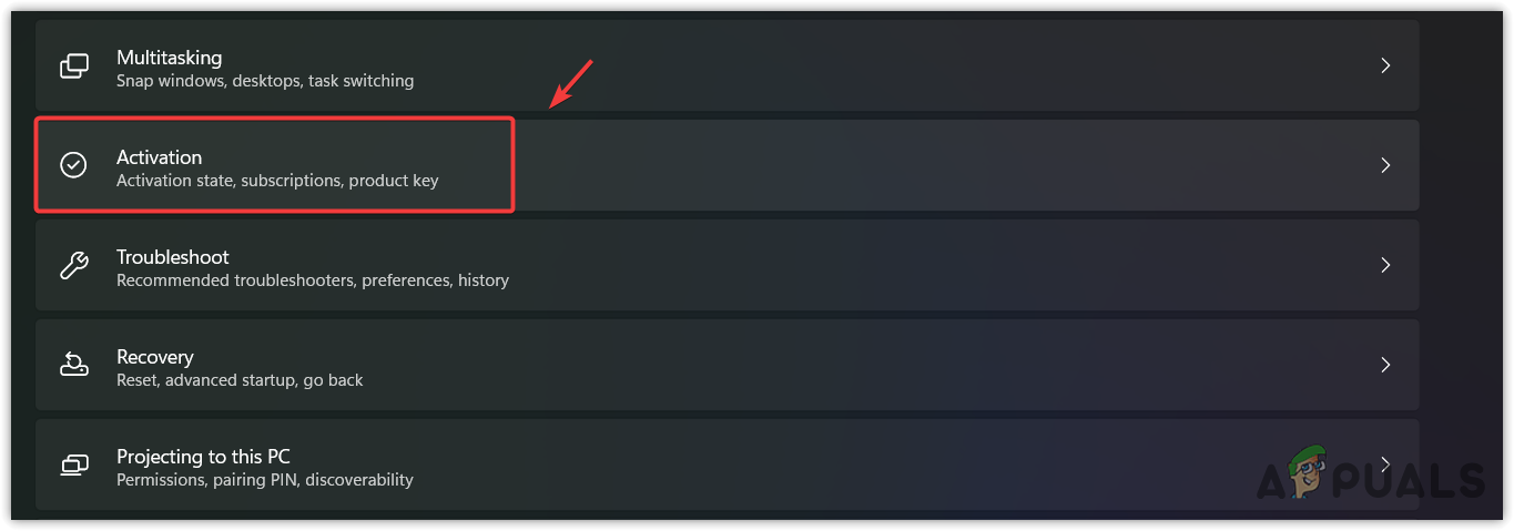 Heading towards the Activation Settings
