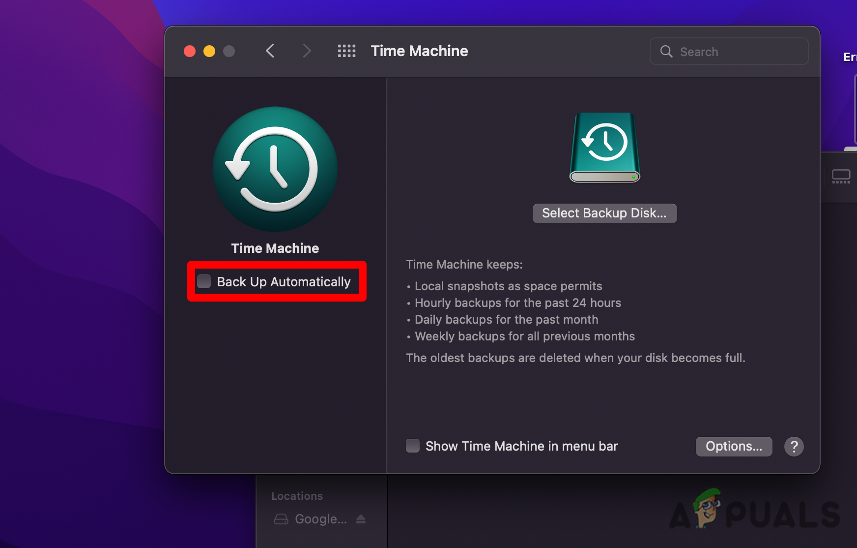 Make sure automatic backup is disabled
