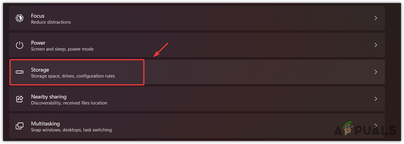 Navigating to Storage settings