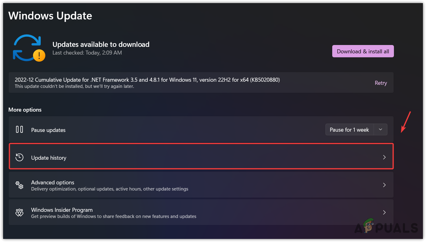 Navigating to Windows Update history