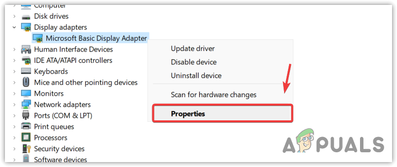 Opening Microsoft Display Basic Adapter Properties