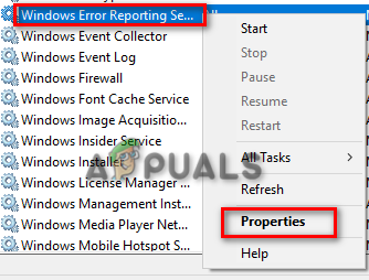 Opening Windows Error Reporting Service Properties