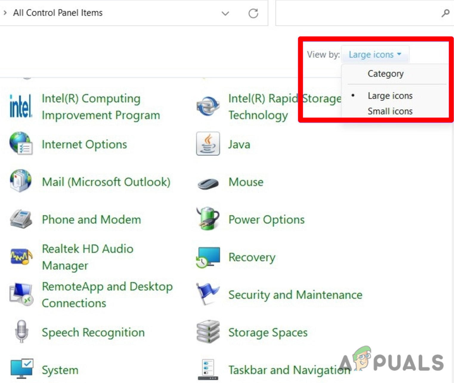 Select Large Icons from the View by dropdown menu