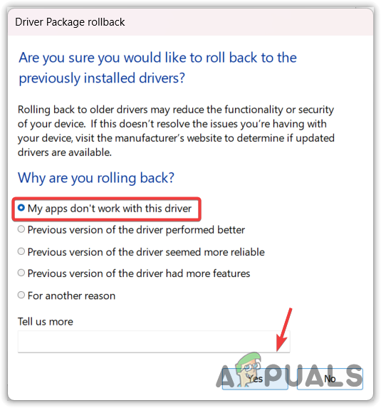 Selecting reason to roll back the driver