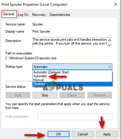 Setting the Print Spooler Startup type