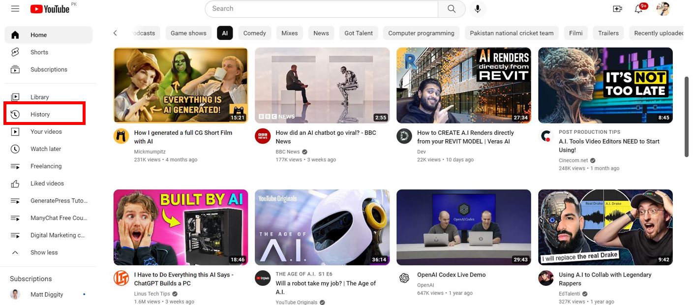 Click on the History Tab
