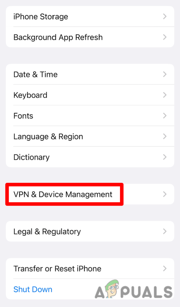 Access the VPN and Device Management tab