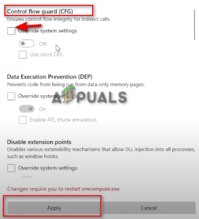 Turning off the Control Flow Guard Feature