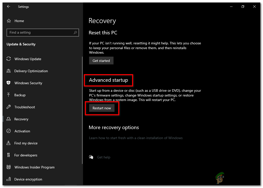 advance startup restart button