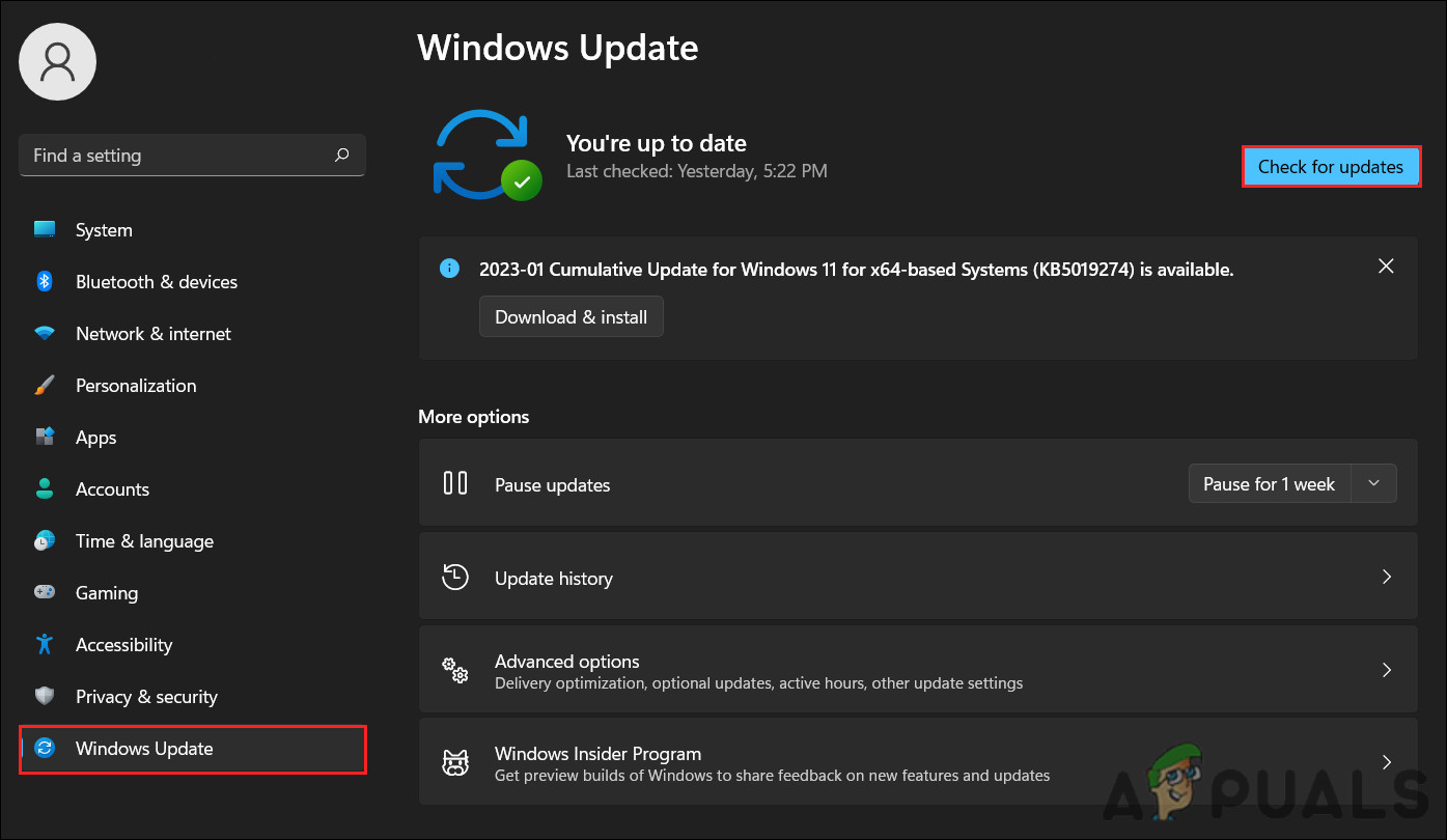 Click on the Check for updates button