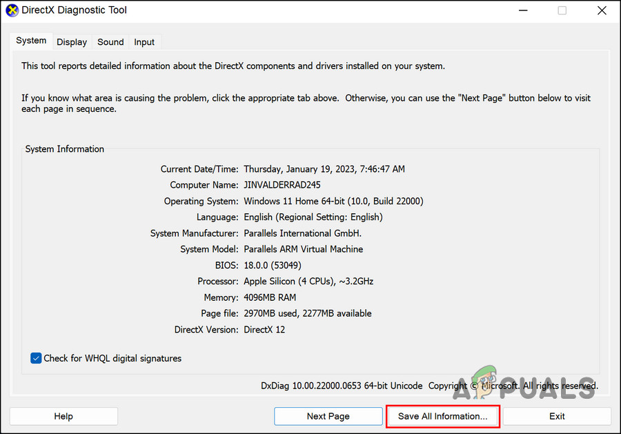 Click on the Save All Information button