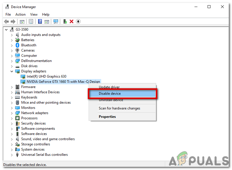 select Disable device