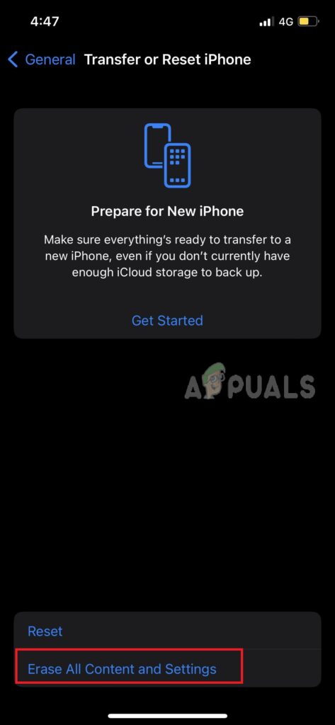 Select Erase All Content and Settings