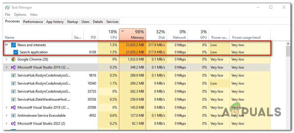 High Memory usage of Windows News & Interests