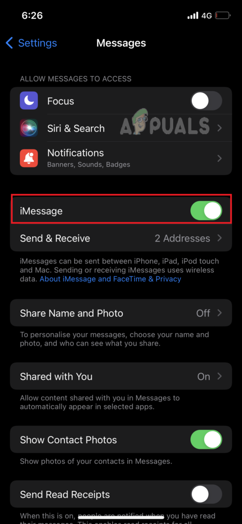 Turn off the toggle key for iMessages