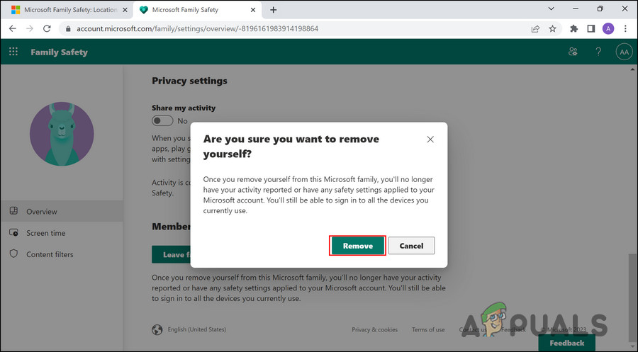 Click on the Remove button