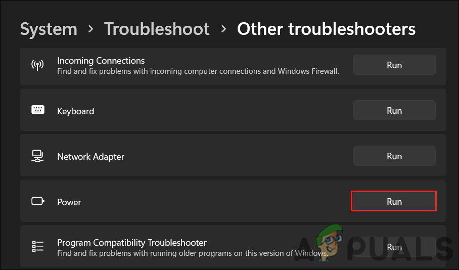 Run the Power troubleshooter