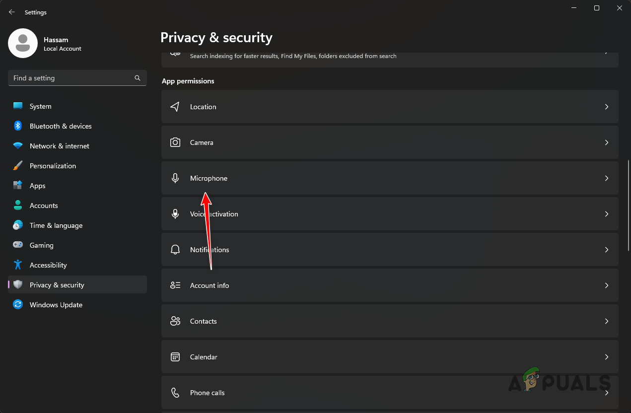Navigating to Microphone Privacy Settings