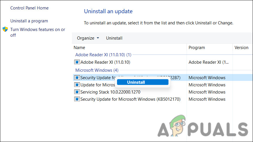 Uninstall the update