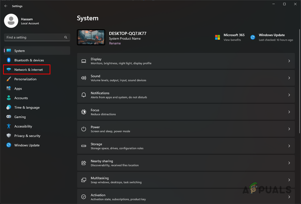 Navigating to Network and Internet Settings