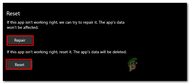 Clicking on the Reset button