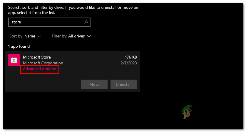 Opening the advanced options of the Microsoft store