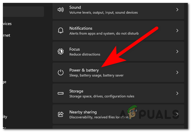 Accessing the Power & battery section