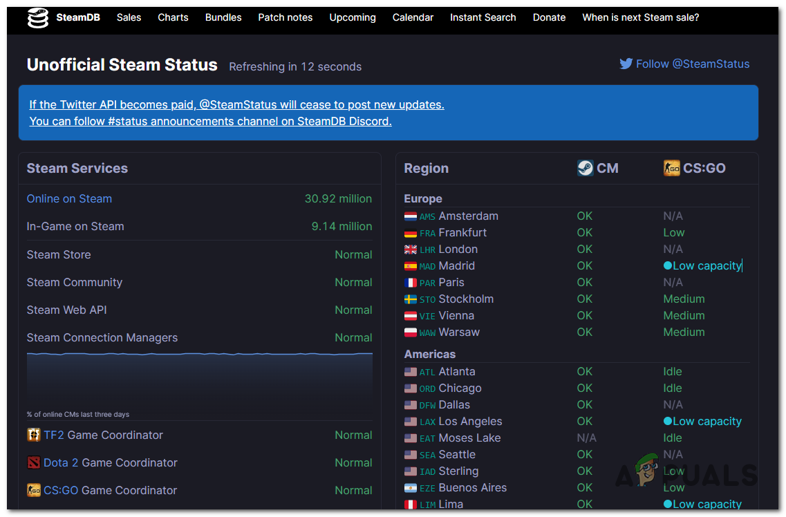 Verifying the Steam server status