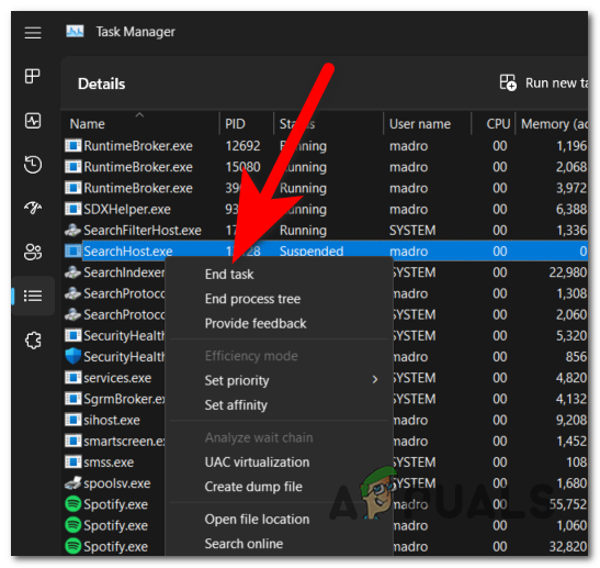 Restarting the Windows Search process