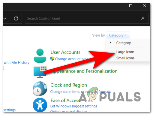 Selecting the Large icons view mode