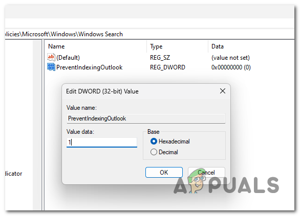Enabling the PreventIndexingOutlook option