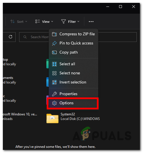 Selecting the Options button