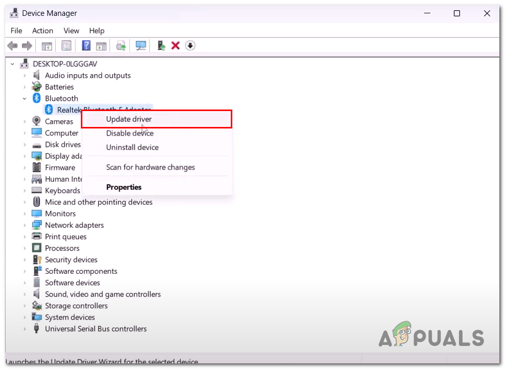 Right-click on Bluetooth adapter in the Device manager