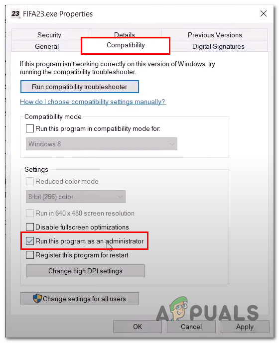 Configuring FIFA 23 to run as an administrator 