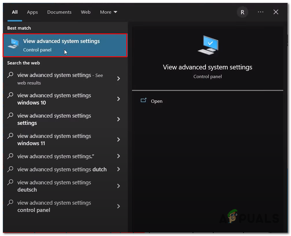 Opening the advanced system settings 