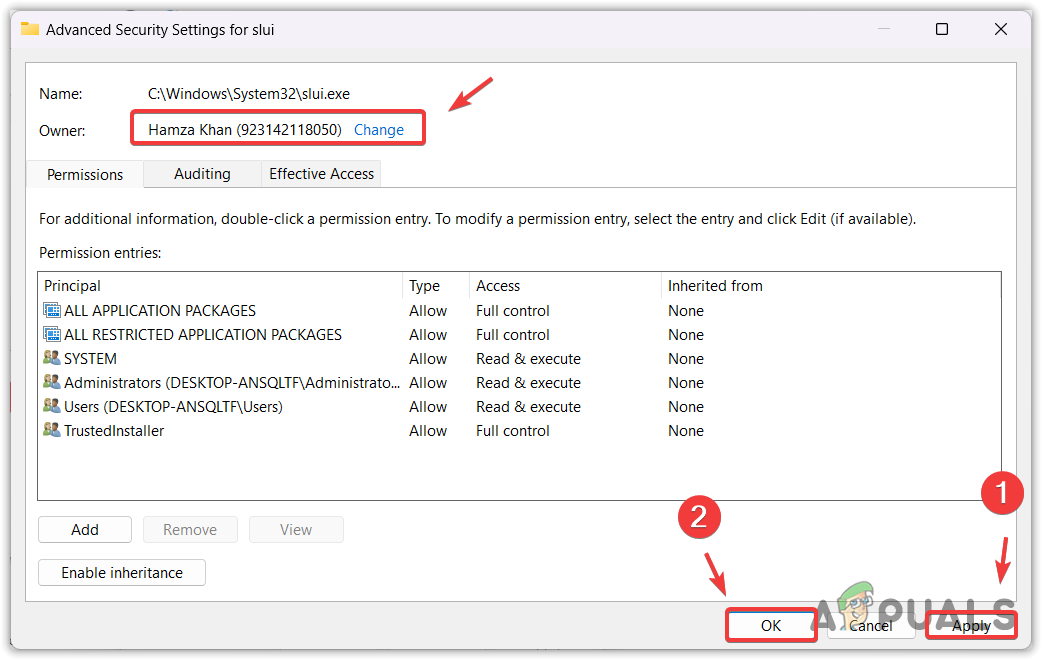 Adding a user name to the file security settings