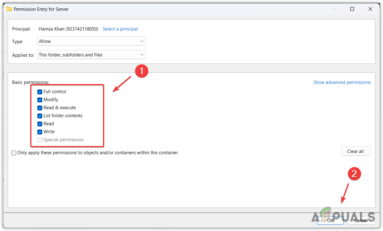 Assigning permissions to the folder