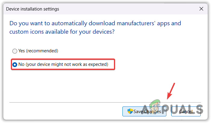 Configuring Device installation settings to not install drivers from manufacturers