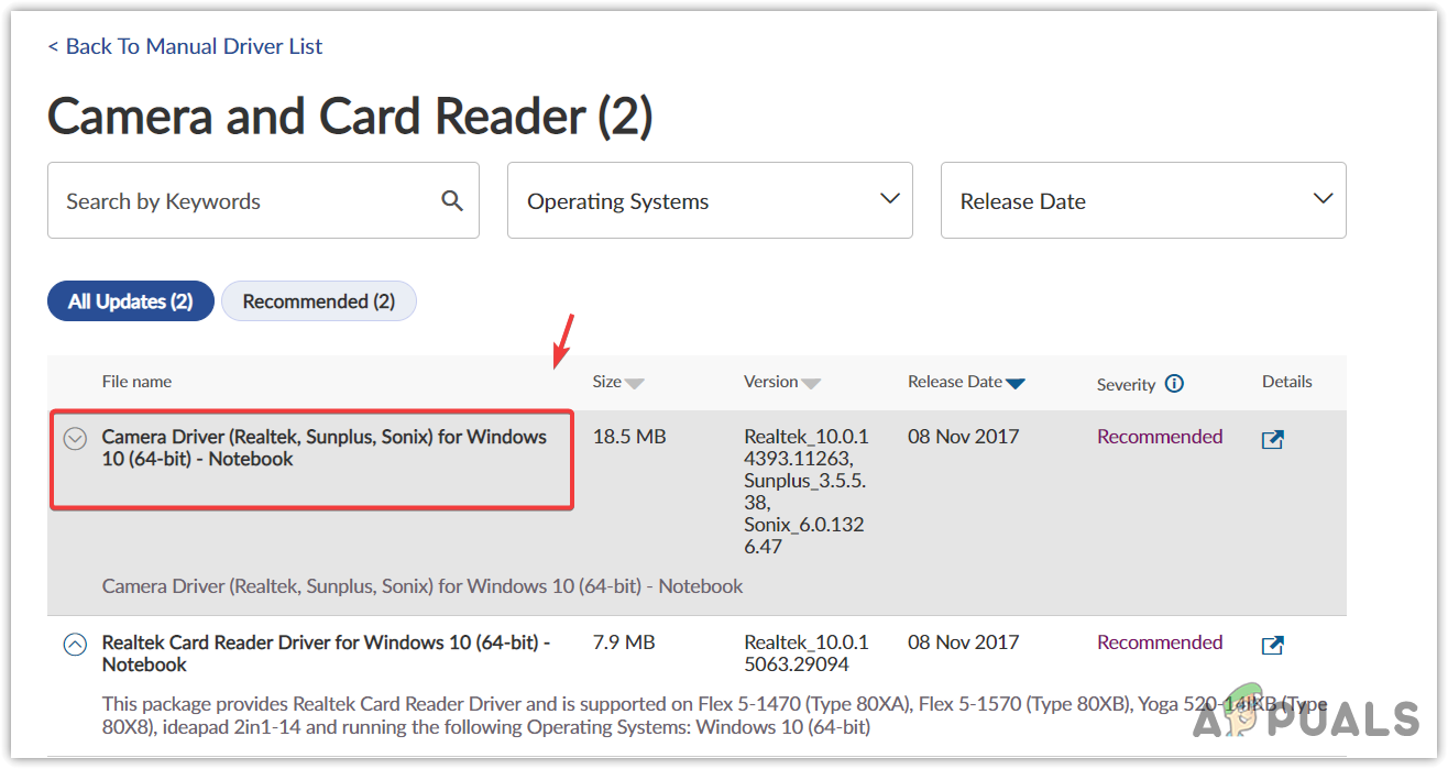 Downloading Camera driver from the laptop manufacturer's