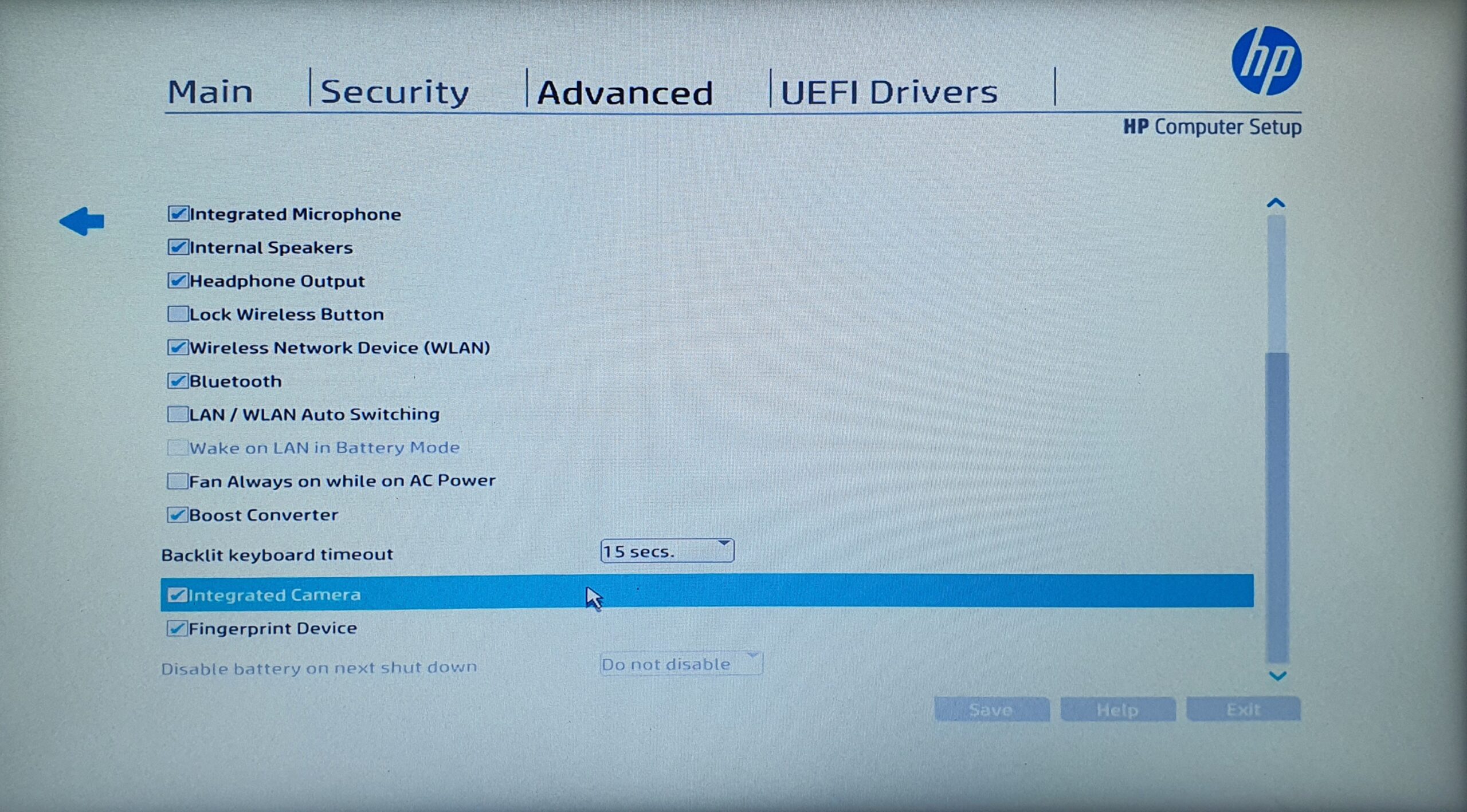 Enabling Integrated Camera from laptop bios settings