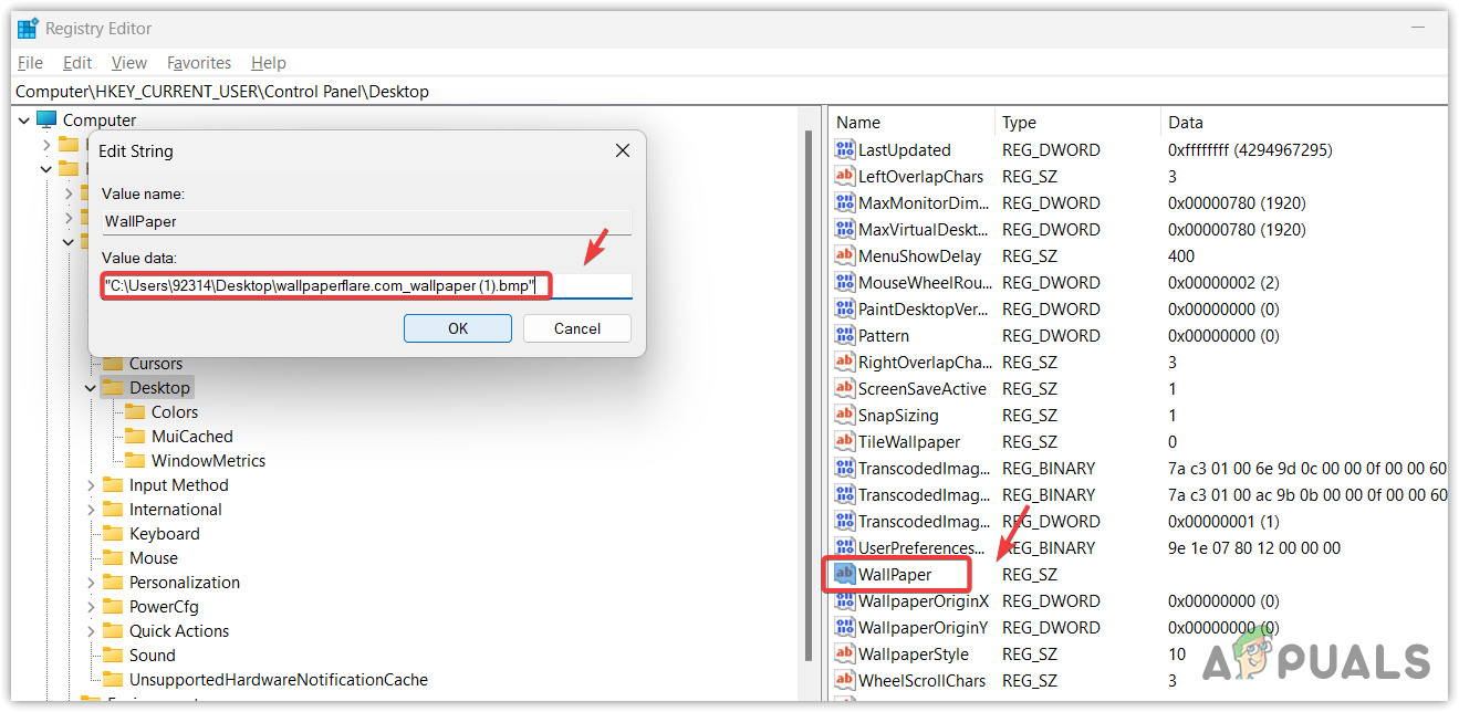 Ensuring the wallpaper path is correct in the registry editor