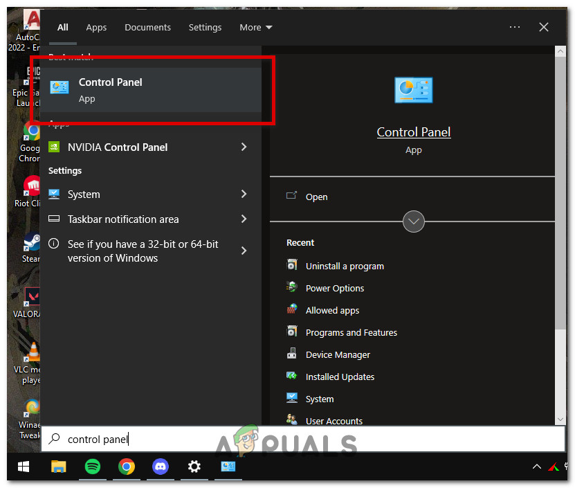 Launching Control Panel from search