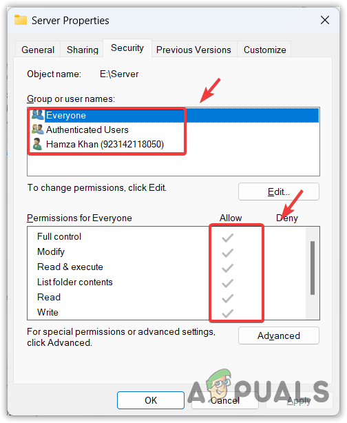 Making sure that every group or username has full control over the folder