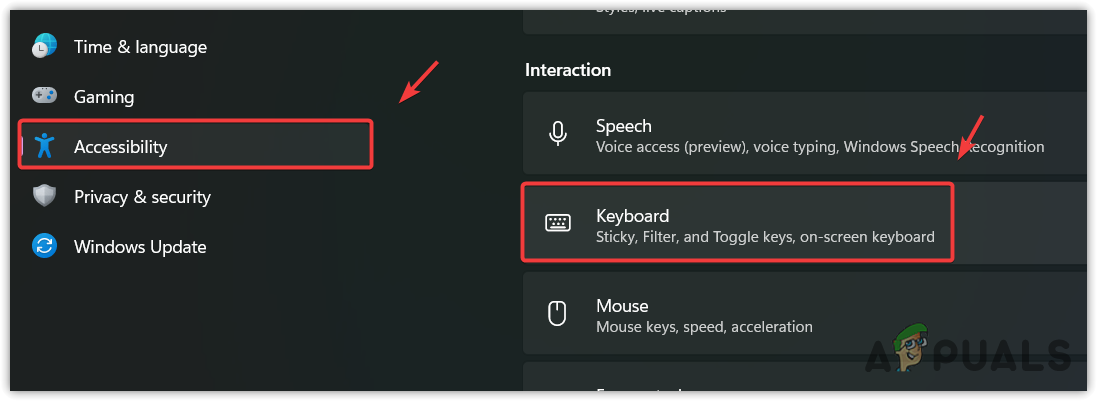 Navigating to Keyboard Interaction Settings