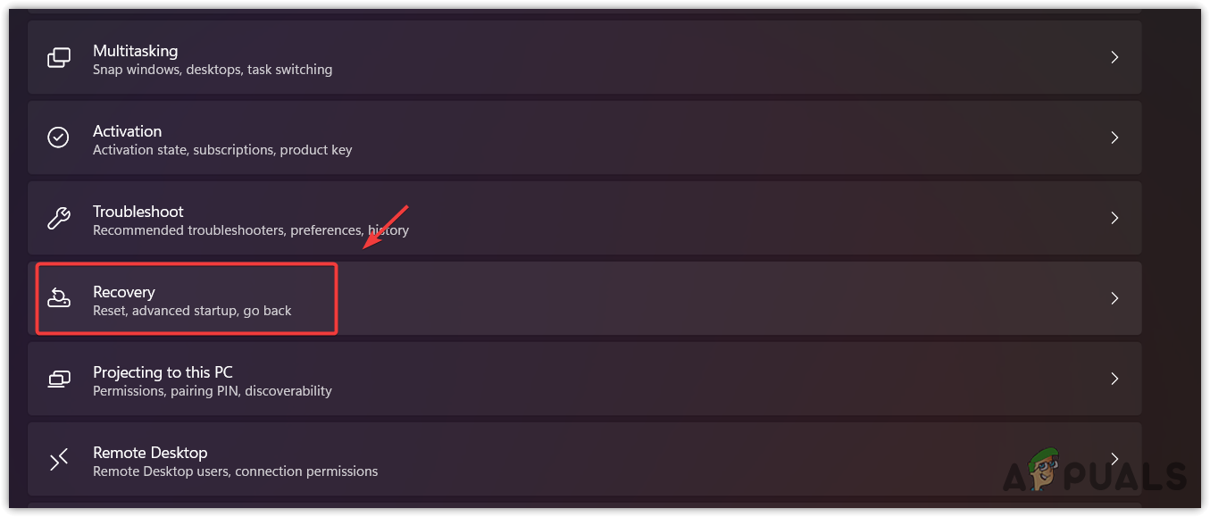 Navigating to Recovery Settings