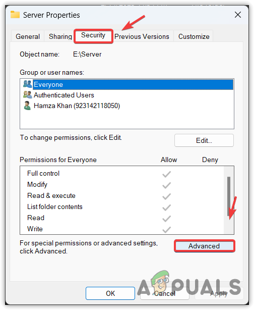 Opening Advanced Security Settings