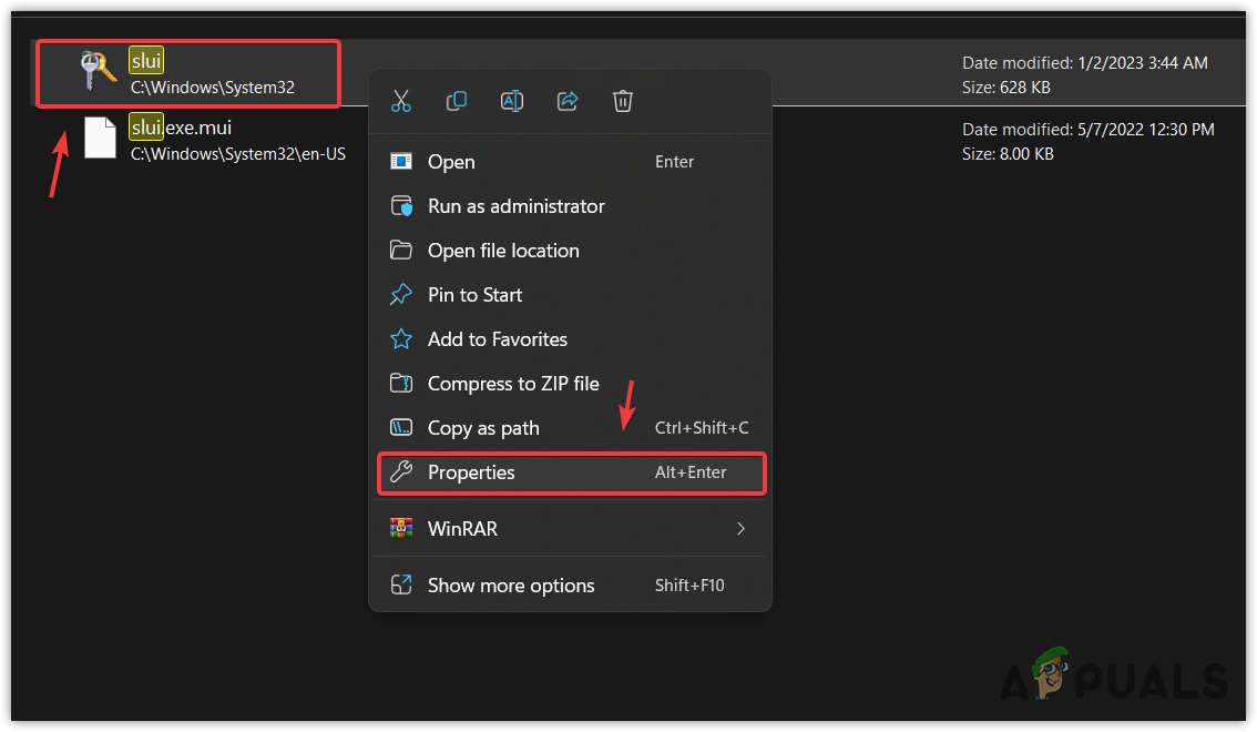 Opening Slui file Properties