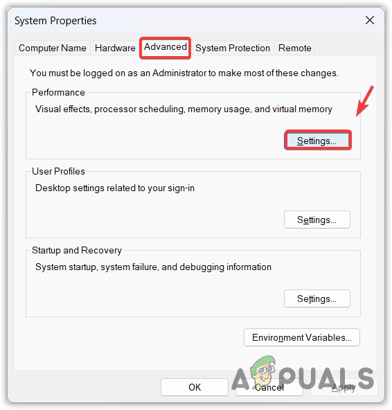 Opening Virtual Memory Settings