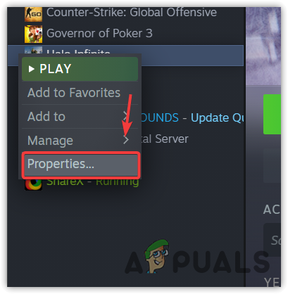 Opening a Steam game properties