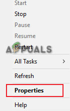 Opening the service properties